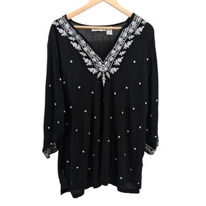Kathy Daniels 2X Black Embroidered Tunic Top Bohemian‎ Festival Gothic Celestial
